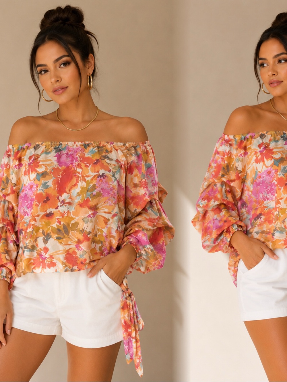 CeCe Off-Shoulder Floral Blouse in Orange, Pink and White